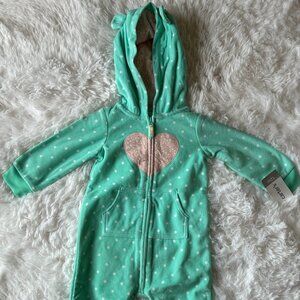Carter’s Green and heart Bear Fuzzy Winter Zip Up Bodysuit OnePiece Sz 12 Month